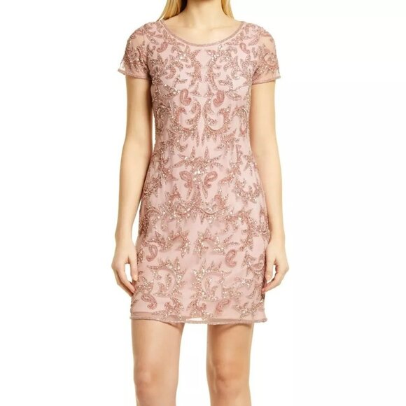 PISARRO NIGHTS Beaded Dusty Pink Mini Dress Sz 6/8 NWT Cocktail Special Occasion - Picture 2 of 9